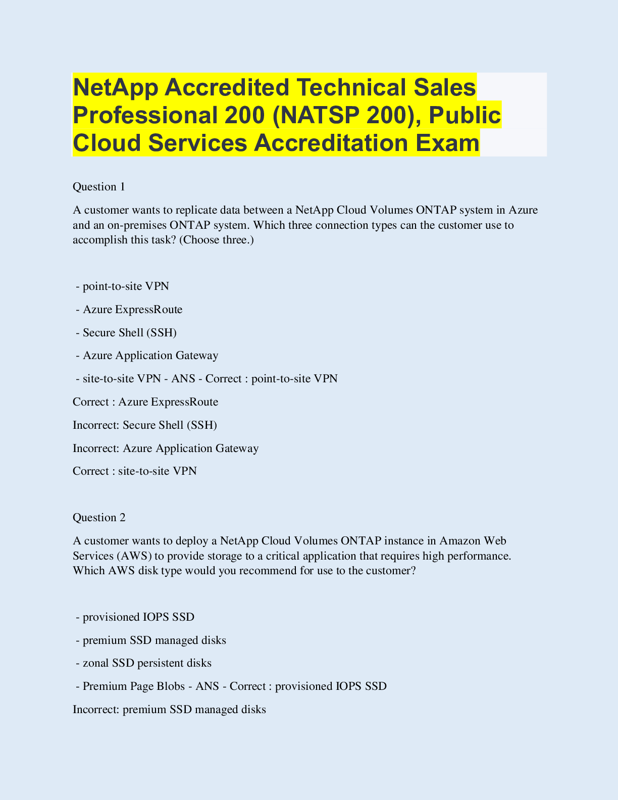 Preview image for NetApp Accredited Technical Sales Professional 200 (NATSP 200), Public Cloud Services Accreditation Exam | 200 Questions with 100% Correct Answers | Updated & Verified | 94 Pages